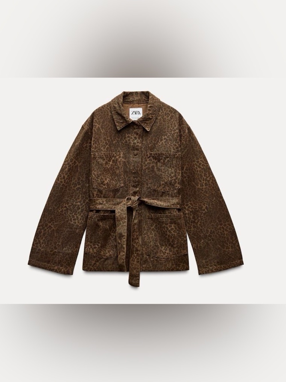 ZARA TRF ANIMAL PRINT DENIM BELTED JACKET MEDIUM Brown Cheetah